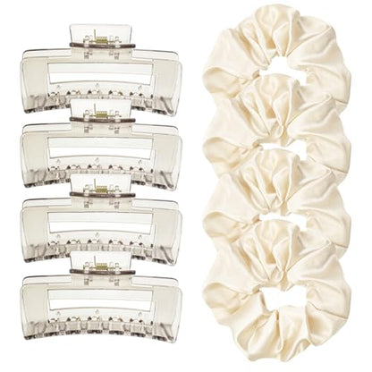 8Pack Hair Clips Scrunchies Set, 4 Medium Claw Clips for Women, Non-Slip Hair Claws, 4 Large Satin Scrunchies, Hair Accessories Set for Thick Thin Hair, Daily Use (Clear) - color: Clear