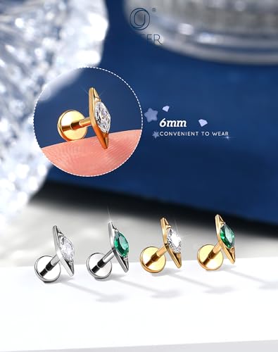 OUFER G23 Titanium Threadless Flat Back Stud, Marquise CZ Cartilage Earring, 18G Minimalist Helix Tragus Flat Piercing Jewelry for Sensitive Ears, 6mm Post - color: Gold --Clear