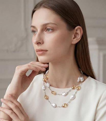 Errally Long Pearl Necklace and Earring Set Layered Pearl Beaded Necklaces for Women White Costume Jewelry Sets Gifts for Mom - color: 14-Champagne