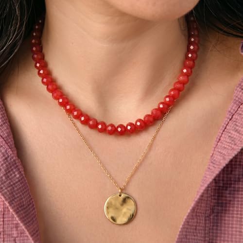 Joya Love Colorful Gemstone Beaded Necklaces For Women Trendy Rainbow Natural Stone Boho Handmade Stainless Steel Waterproof Strand Necklaces Jewelry For Women Gift - color: Red