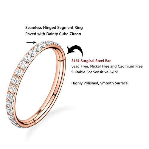 FUNLMO 20G 18G 16G 12G Nose Ring Hoop Conch Rook Daith Helix Tragus Piercing Jewelry 316L Surgical Steel Cartilage Earring Conch Hoop Earring Septum Jewelry Belly Lip Ring 5mm to 14mm - color: Rose gold-Clear CZ, 1pc