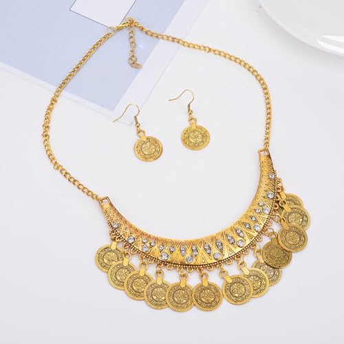 Chunky Coin Necklace Earrings Set,Bohemia Plated Gold Coin Tassel Personalized Choker Earrings,Ethnic Gypsy Statement Jewelry Set for Women - color: Gold