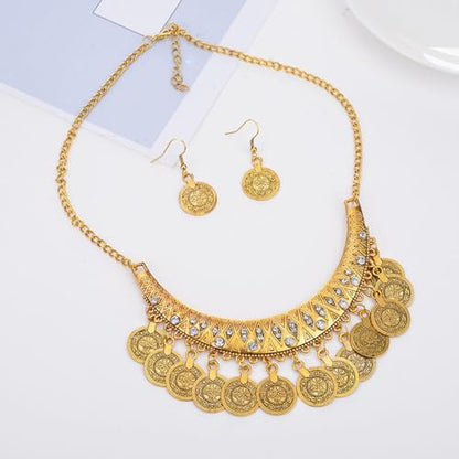 Chunky Coin Necklace Earrings Set,Bohemia Plated Gold Coin Tassel Personalized Choker Earrings,Ethnic Gypsy Statement Jewelry Set for Women - color: Gold