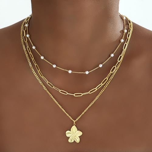 YEEZII Layered Gold Necklaces for Women Trendy, 3 Pcs 14K Gold Plated Choker Paperclip Box Chain Necklace, Stackable Women's Gold Pendant Necklaces Jewelry Set - color: Gold-3 Pcs-Flower