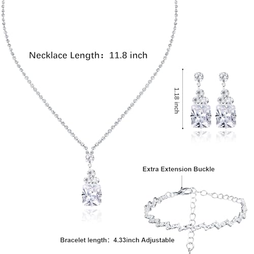 CAVETEE Jewelry Set - Prom Jewelry Crystal Bridal Necklace, Bracelet & Pendant Earring Jewelry Set for Women - style: Square crystal