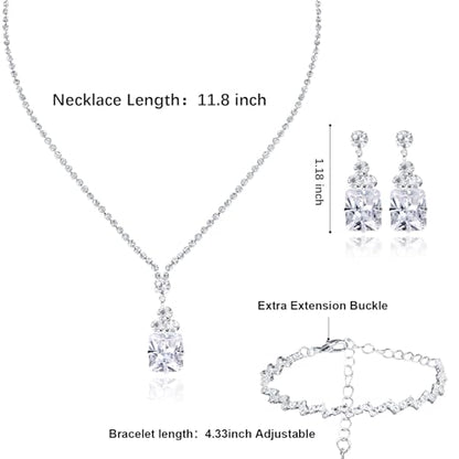 CAVETEE Jewelry Set - Prom Jewelry Crystal Bridal Necklace, Bracelet & Pendant Earring Jewelry Set for Women - style: Square crystal