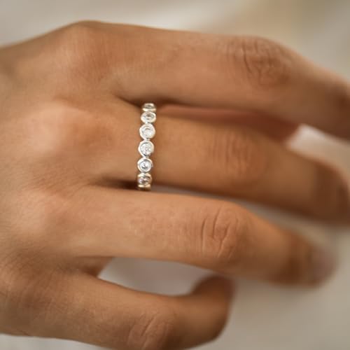 espere Womens Bezel Set Wedding Band | 14K Gold Plated Round Cut CZ Half Eternity Wedding Ring - color: Silver; Half Eternity Bezel Set