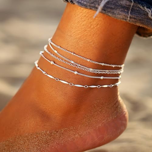 Fesciory 14K Gold Plated Ankle Bracelets Sets For Women, Adjustable Layered Infinite Anklet, Summer Beach Butterfly Star Foot Chain Jewelry Gifts - style: Thin(Silver)