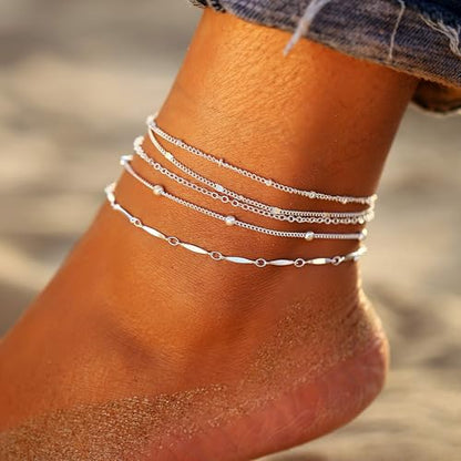 Fesciory 14K Gold Plated Ankle Bracelets Sets For Women, Adjustable Layered Infinite Anklet, Summer Beach Butterfly Star Foot Chain Jewelry Gifts - style: Thin(Silver)