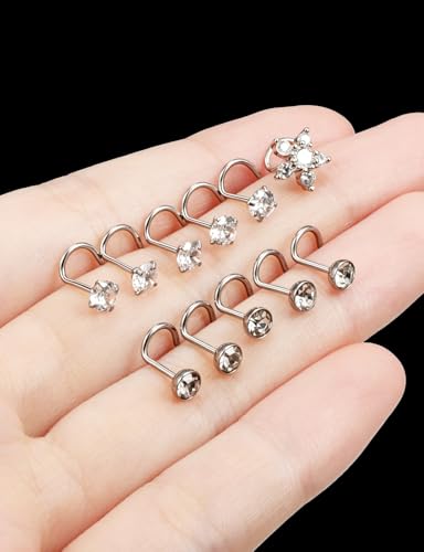 Prjndjw 20G Big Nose Stud Large Nose Studs Surgical Stainless Steel Straight Nose Studs 4mm CZ Paved CZ Nose Rings with 6-CZ Flower Ring for Women Men 11 Pieces - color: 4mm CZ Big 20G Silver Screw Curved Nose Stud