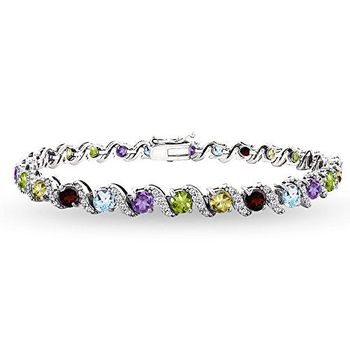 B. BRILLIANT Sterling Silver Genuine, Created or Simulated Gemstone Round S Design Tennis Bracelet for Women - color: Multi Gem - Sterling Silver