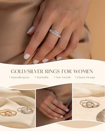 FUNEIA Stackable Silver Gold Rings for Women Non Tarnish 14K Gold Plated Thumb Cubic Zirconia Rings for Women Dainty Pinky Promise Wedding Ring Set Women's Engagement Eternity Band Rings Gold Jewelry - color: B-Silver Rings