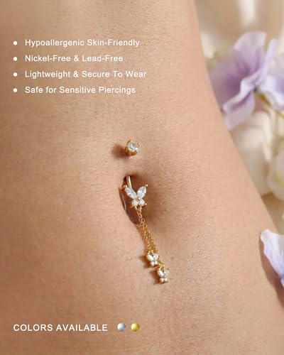 Cute Belly Button Rings Dangle 14G Butterfly Belly Button Piercing for Women Gold Navel Ring 316L Surgical Steel Navel Piercing Jewelry - color: Gold