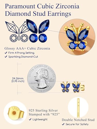 Suplight Butterfly Stud Earrings 925 Sterling Silver 14K Gold Brithstone Earrings for Women Brithstone Jewelry Gifts - color: 09.September ( Sapphire), size: Gold