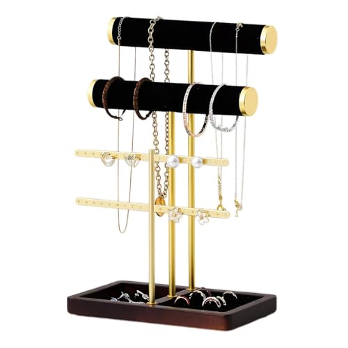modern T-shaped jewelry rack, jewelry tower, gold metal, square ceramic base decoration display tower, necklace, bracelet, ring storage rack (2-layer black velvet) - style: 2-layer black velvet