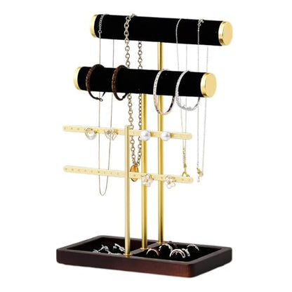 modern T-shaped jewelry rack, jewelry tower, gold metal, square ceramic base decoration display tower, necklace, bracelet, ring storage rack (2-layer black velvet) - style: 2-layer black velvet