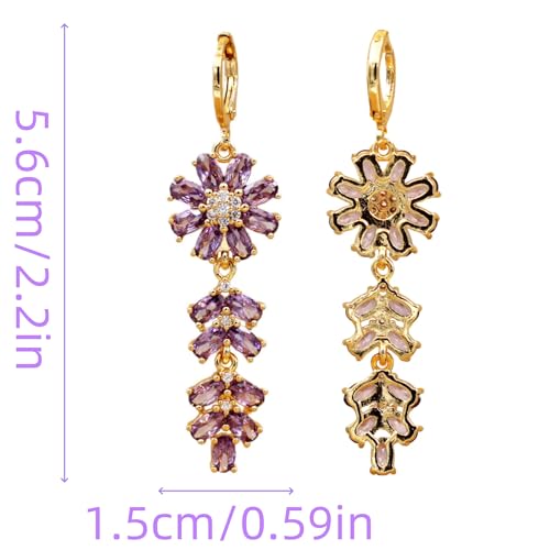 18K Gold Plated Flower Dangle Earrings for Women, Hypoallergenic Cubic Zirconia Earrings, Elegant CZ Drop Earrings, Statement Jewelry Gifts Party Fashion - style: Flower-Purple