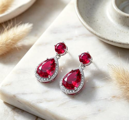 Drop Dangle Earrings Teardrop Gemstone Waterdrop White Gold Plated Crystal Hanging Cubic Zirconia Ruby Sapphire Emerald Jewelry Gift for Women Mother Wife - color: Red