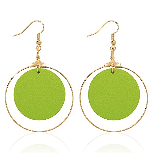KINIVA Leather Dangle Earrings for Women Trendy, Lightweight Leaf Circle Lightning Earrings Drop, Jewelry Gifts for Women - color: 104 Green