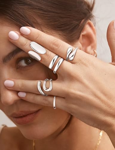 12 PCS Chunky Gold Stackable Rings for Women Non Tarnish 18K Gold Plated Statement Ring Stack Set Silver Adjustable Stacking Thumb Knuckle Band Dainty Open Rings Signet Cute Jewelry Gift - color: 12Pcs Silver
