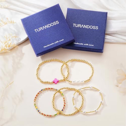 Turandoss 5PCS 14K Gold Plated Beaded Stretch Bracelets Set for Women | Stacked Bow Cross Wave Knot Pearl Beads Bracelet Set, Waterproof 7 Inch Stretch Elastic, Summer Jewelry Gifts for Women Girls - color: 5PCS Pink Cross Beaded Bracelets