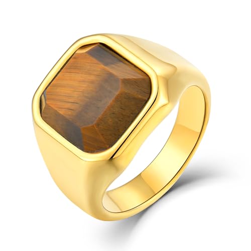 Men's Tiger Eye Square Signet Ring Stainless Steel Thumb Rings with Natural Stone for Men Jewelry Gift for Him, Size 7-12 - color: 04,Gold-tiger eye
