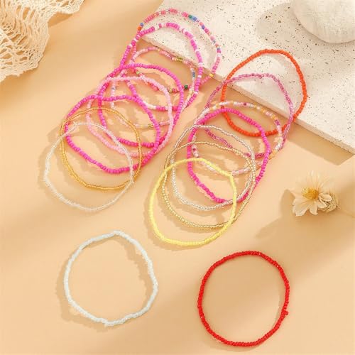 18Pcs Boho Stackable Beaded Bracelets for Women Colorful Handmade Multilayered Rice Beads Anklets Set Summer Beach Bohemian Jewelry Gift - color: Style 1 Pink B