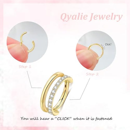 Cartilage Helix Conch Piercing Jewelry Gold Hoop Women Earrings | 2pcs, Huggie, Made of Stainless Steel, 14k Gold Plated, Hypoallergenic, Sparkly Cubic Zircon, Double Hoop design - color: Zircon Gold, size: 18g-10mm