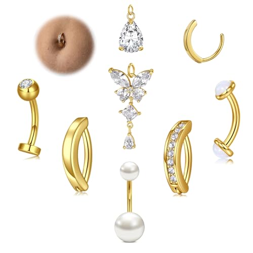 Belly Button Rings Stainless Steel 14G CZ Opal Navel Rings Barbells Women Girls Belly Piercing Jewelry - color: Gold Color-Clicker-Style D: 7PCS