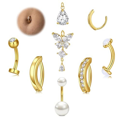 Belly Button Rings Stainless Steel 14G CZ Opal Navel Rings Barbells Women Girls Belly Piercing Jewelry - color: Gold Color-Clicker-Style D: 7PCS