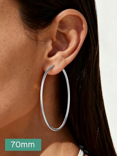 ChicSilver 925 Sterling Silver Hoop Earrings for Women Hypoallergenic, Lightweight Large Gold Plated Silver Hoop Earrings, Endless Hoops Earring 20/30/40/50/60/70MM - color: A. High Polished Silver, size: 70mm