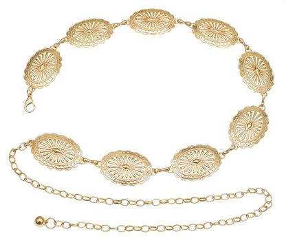 Women's Concho Chain Belt Western Cowgirl Metal Waist Chain | Belt for Dress - color: A Gold, size: M: 47.2 in