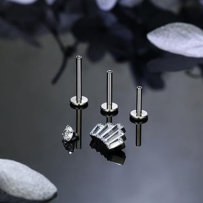 Titanium Flat Back Lip Rings Internally Threaded Earrings Studs Nose Rings 16G Opal CZ Tragus Cartilage Lobe Rook Helix Conch Labret Medusa Piercing Jewelry for Women Men W Piercing Taper Set - style: Crown CZ