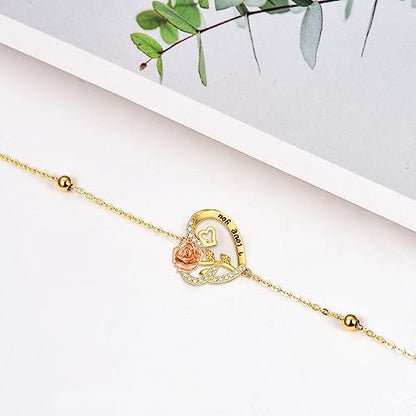 Aihpos 14K Solid Gold Heart Anklets for Women - Real Gold Flower Ankle Bracelets 14 Karat Anklets for Her, 8+2 Inch