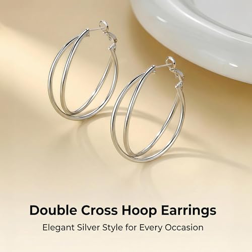 18K Gold Plated Crossover Double Hoop Earrings, 40mm Big Hoops | 925 Sterling Silver Post, Criss Cross X-Shape Loop, Lightweight Chunky Stackable, Everyday Trendy Statement Jewelry for Women - color: Silver