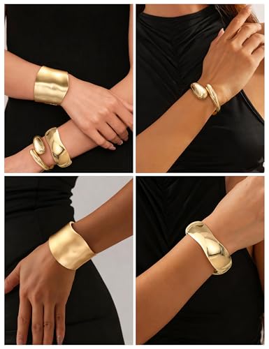 sailimue Chunky Gold Bracelets for Women Non Tarnish Bangles 4 Pcs | 16K Gold Plated Cuff Bracelets Stack Hinged Open Bangle Trendy Jewelry Gifts - style: Style C