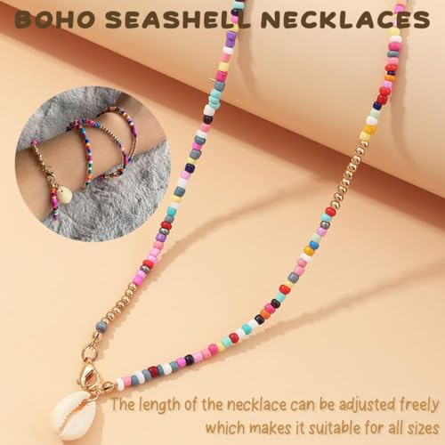 Boho Beaded Choker Necklace with Cowrie Shell Pendant – Colorful Seed Bead Layered Beach Necklace for Women, Buckle