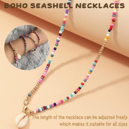 Boho Beaded Choker Necklace with Cowrie Shell Pendant – Colorful Seed Bead Layered Beach Necklace for Women, Buckle