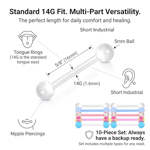 Zolure 10Pcs 14G Tongue Rings Acrylic Candy Color Tongue Piercing Jewelry Flexible Plastic Nipple Rings Tongue Barbells for Women 16mm - color: Pink+Blue 10pcs