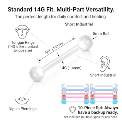 Zolure 10Pcs 14G Tongue Rings Acrylic Candy Color Tongue Piercing Jewelry Flexible Plastic Nipple Rings Tongue Barbells for Women 16mm - color: Pink+Blue 10pcs