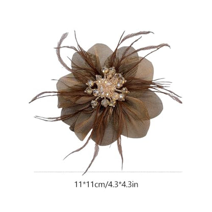 4" Crystal Feather Flower Brooch Pin for Women Girls Dainty Bright Satin Rhinestone Floral Brooches Lapel Hair Pins Elegant Wedding Cocktail Prom Party Hat Bag Suit Clothing Dress Accessories Jewelry Gift - color: Brown