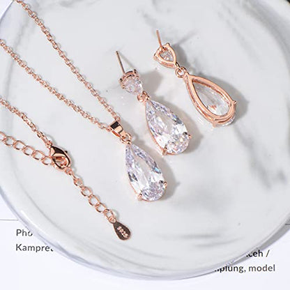Wedding Jewelry Set for Bridesmaids - Sterling Silver Teardrop CZ Crystal Cubic Zirconia Rhinestone Diamond Bridal Necklace Earrings Set for Bride Mother of Bride Party Prom Birthstone Costume Jewelry - color: 14k rose gold plated