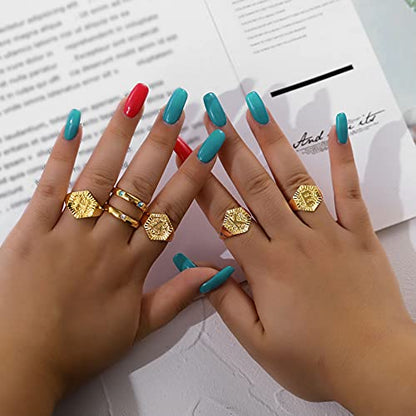 U7 Initial Ring Wedding Band for Men Women 18K Gold Plated Statement Hexagon A-Z Letter Jewelry Personalized Stackable Signet Rings - color: L