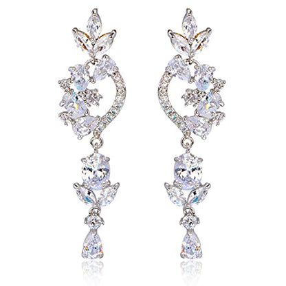 CZ Bridal Earrings for Wedding - 14k Plated Sterling Silver Elegant Teardrop Cubic Zirconia Crystal Rhinestone Floarl Leaf Cluster Chandelier Statement Dangle Drop Earrings for Bride Bridesmaids Party - color: Floral - Silver