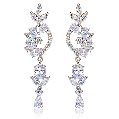 CZ Bridal Earrings for Wedding - 14k Plated Sterling Silver Elegant Teardrop Cubic Zirconia Crystal Rhinestone Floarl Leaf Cluster Chandelier Statement Dangle Drop Earrings for Bride Bridesmaids Party - color: Floral - Silver