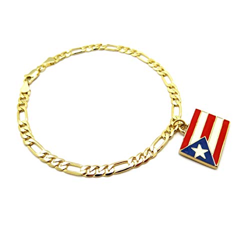 Women's Flag Pendant 5mm 10" Figaro Chain Ankle Bracelet Anklet - style: Puerto Rico/Gold-Tone