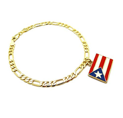 Women's Flag Pendant 5mm 10" Figaro Chain Ankle Bracelet Anklet - style: Puerto Rico/Gold-Tone