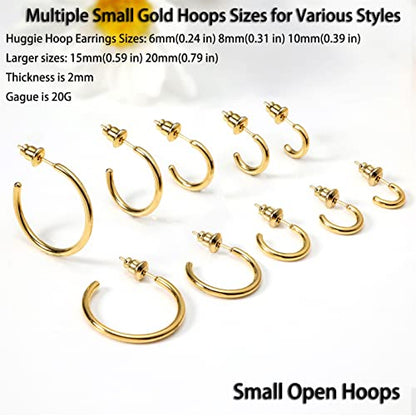 Minimalist Hoops for Women - 14K Gold Open Huggie Hoop Earrings, Hypoallergenic Tiny Hoops in Gold and Silver (Set of 1-5 Pairs) - color: 14K Gold - 6mm/8mm/10mm/15mm/20mm