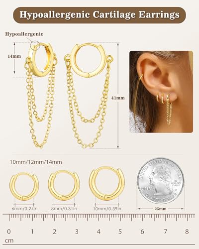 Tassel Chain Small Gold Hoop Dangle Earring For Women Huggie Earring Heart Star CZ 14K Gold Plated Fashion Jewelry Graduation Gift for Her Mothers Day Gifts for Mom - color: Gold-4 Pairs C