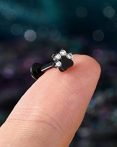 G23 Titanium Cartilage Earring Stud for Helix 16g Flat Back Dog Paw Cartilage Piercing Jewelry Front Top Screw Helix Tragus Earrings - color: Black Paw